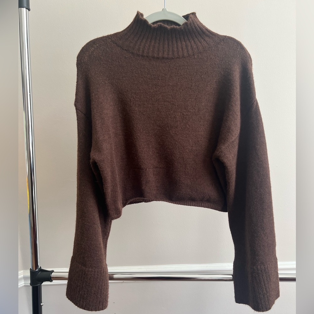 cropped brown turtleneck bell sleeve sweater